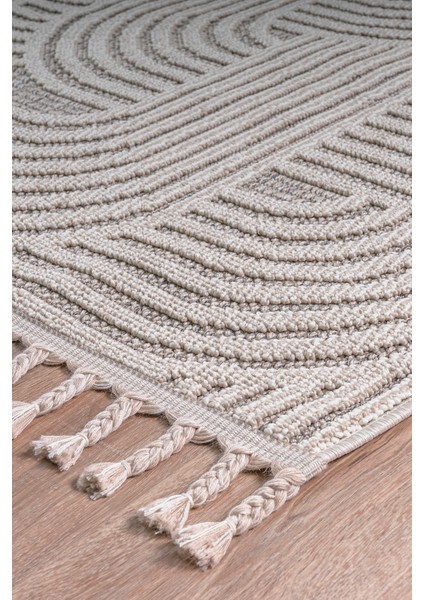 Roma Gri Krem Kemik Tonları Bukle ve Sisal Püsküllü Makine Dokuma Halı