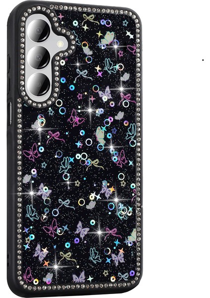 Samsung Galaxy A16 Uyumlu Kılıf Taşlı ve Simli Çerçeveli Fiyonk Desenli Işıltılı Pırlanta Kapak fiyatları