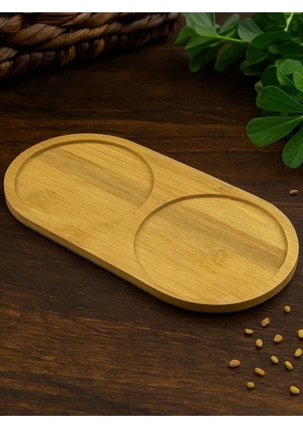 2 Bölmeli Oval Ahşap Bambu Yağdanlık Altlığı Orta Boy 12X24X0.8 cm