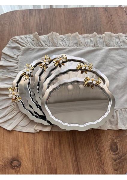 6'lı Papatya Aksesuarlı Oval Gümüş Paslanmaz Çelik Kahve Sunum Tepsisi modelleri