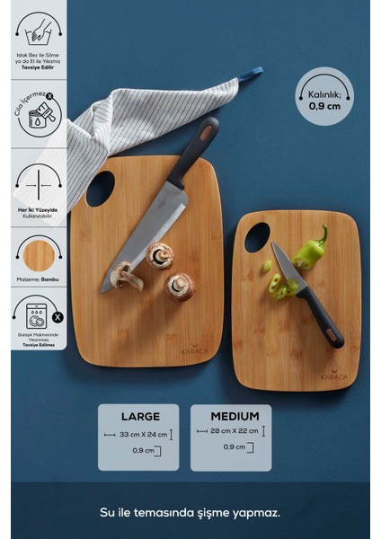 2'li Bambu Kesme Tahtası, 28/33 Cm, Kahverengi, Şık ve Dayanıklı Set