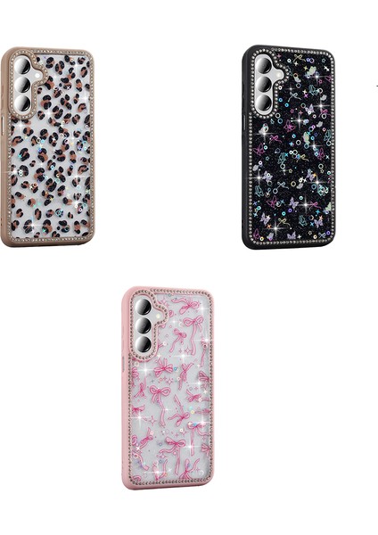 Samsung Galaxy A16 Uyumlu Kılıf Taşlı ve Simli Çerçeveli Fiyonk Desenli Işıltılı Pırlanta Kapak fırsatları
