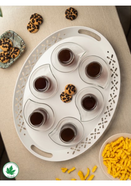 Beyaz Oval Metal Servis Tepsisi, Romantik ve Büyük Boy Çay Kahve Tepsisi