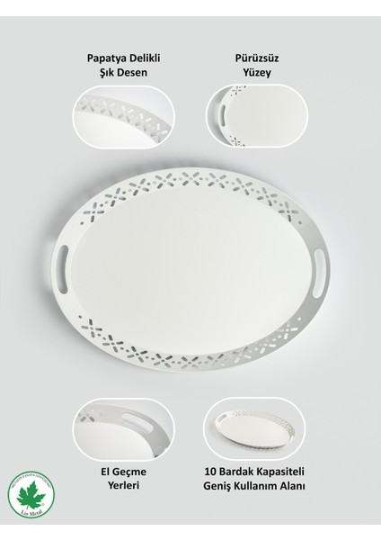 Beyaz Oval Metal Servis Tepsisi, Romantik ve Büyük Boy Çay Kahve Tepsisi indirimleri