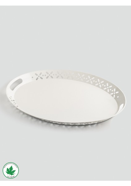 Beyaz Oval Metal Servis Tepsisi, Romantik ve Büyük Boy Çay Kahve Tepsisi