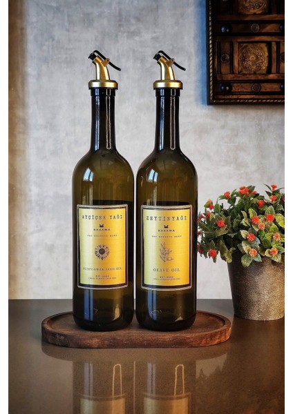 Ahşap Stantlı 2'li 750 ml Altın Renkli Sıvıyağ Şişesi, Şık ve Kullanışlı Yağlık Seti