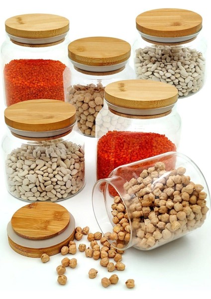 6 Adet Vakumlu Bambu Kapaklı 500 ml Cam Baharatlık Kavanoz, Şık ve Kullanışlı Set