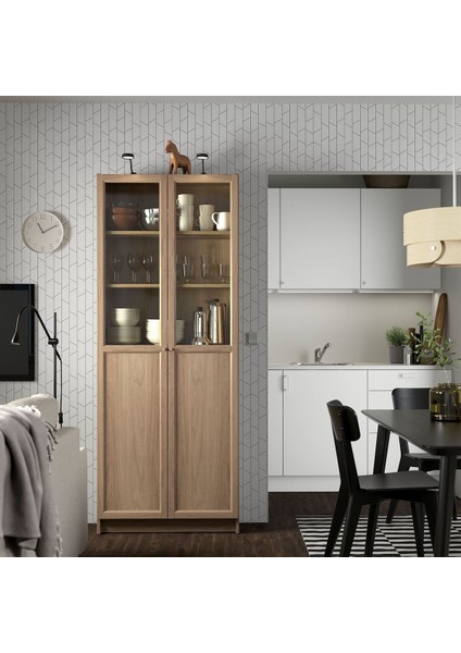 Cam/panel Kapaklı Kitaplık, Meşe Görünümlü, 80X30X202 cm fiyatları