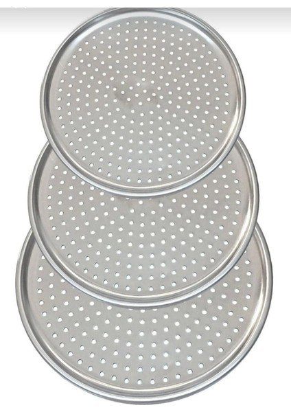 3'lü Lüx Çelik Delikli Pizza Tepsi Seti, 28, 32, 36 cm
