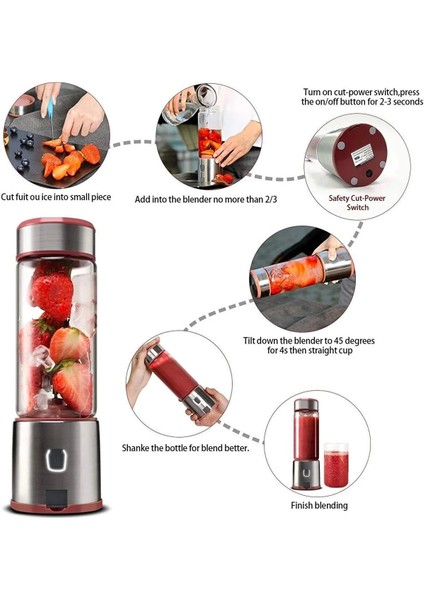 Kırmızı 450 ml Taşınabilir Metal Kişisel Blender, Keskin Bıçaklı, Shake ve Smoothie Için Ideal