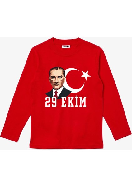 Uzun Kollu Yeni 29 Ekim Cumhuriyet Bayramı Atatürk Baskılı Pamuklu Çocuk T-Shirt