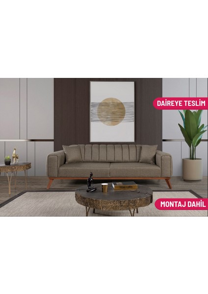 Ralve Yataklı Kanepe Keten Kahve Kazayağı