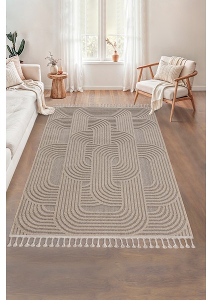 Roma Bej ve Kahve Tonları Bukle ve Sisal Püsküllü Makine Dokuma Halı modelleri