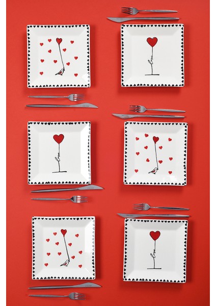 Kırmızı 6'lı El Yapımı Seramik Pasta ve Meyve Sunum Seti 20CM