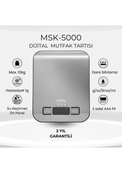 Dijital Mutfak Tartısı 10KG/1G Hassasiyet, A+ Kalite, 2 Yıl Garantili, Gri