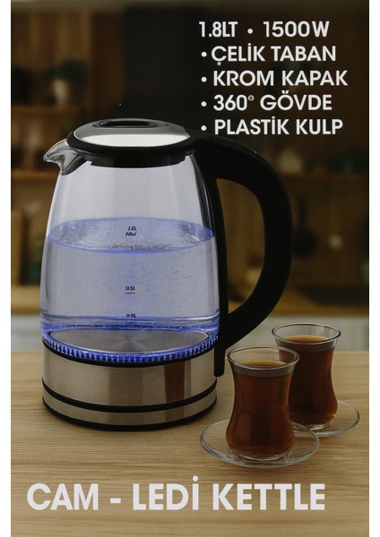 1.8l Cam Su Isıtıcı, Hızlı Kaynatma, Otomatik Kapanma, LED Aydınlatma Siyah