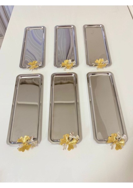 6'lı Lüx Paslanmaz Çelik Kelebekli Servis ve Sunum Tepsisi Seti