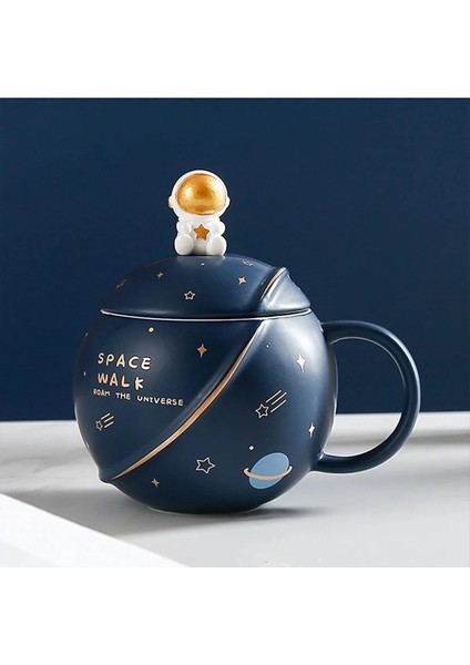 Uzay Temalı Kapaklı Kaşıklı Lacivert Kupa Bardak, Şık ve Fonksiyonel Tasarım