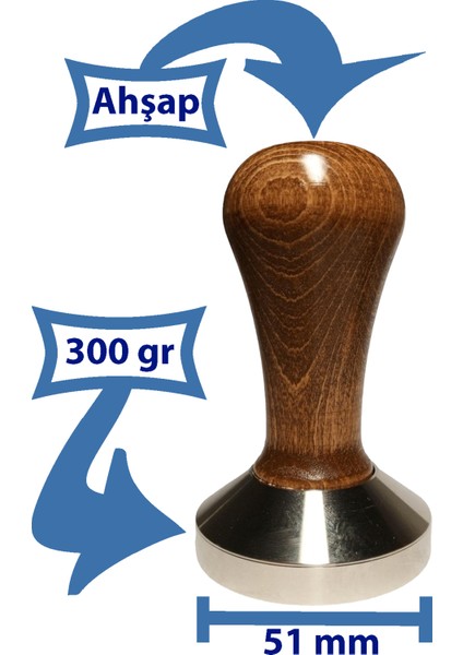 Paslanmaz Inox Kahve Espresso Tamper 51 mm Ahşap Saplı Çok Renkli