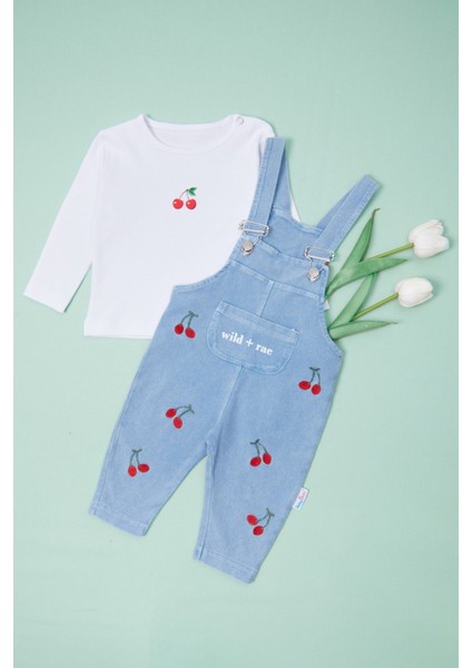 %100 Pamuk Kiraz Nakışlı Kız Çocuk 2 Li Salopet Takım