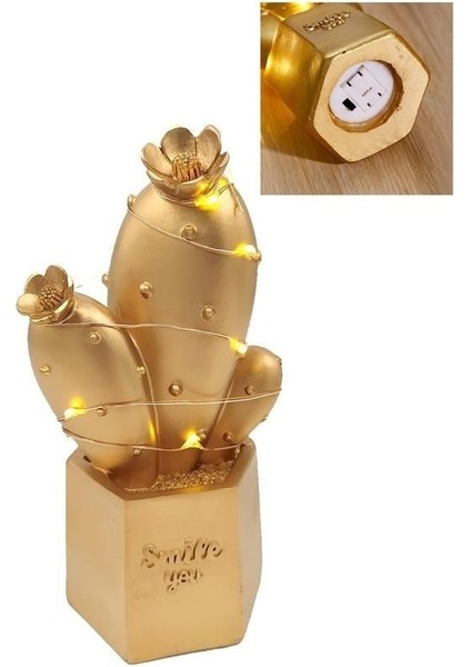 Buffer® LED Işıklı Sevimli Kaktüs Dekoratif Masa Lambası Mini Biblo Gece Lambası Gold