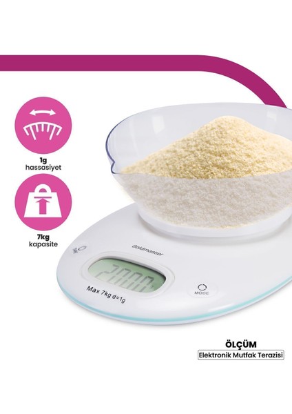 Geniş LED Ekranlı Dokunmatik Dijital Mutfak Tartısı 1g-7kg Beyaz