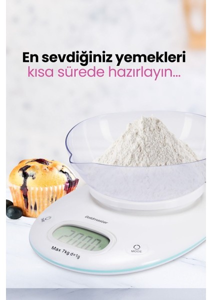 Geniş LED Ekranlı Dokunmatik Dijital Mutfak Tartısı 1g-7kg Beyaz modelleri