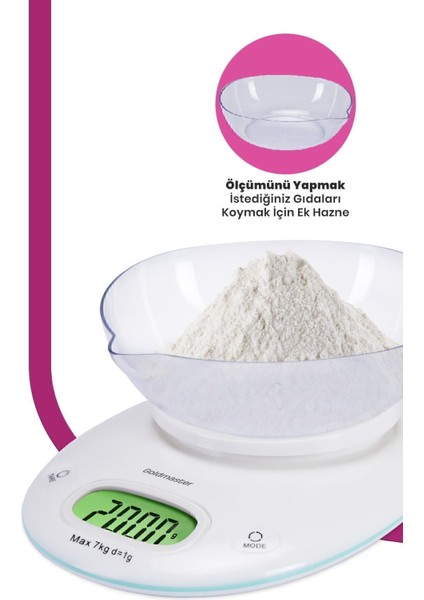Geniş LED Ekranlı Dokunmatik Dijital Mutfak Tartısı 1g-7kg Beyaz