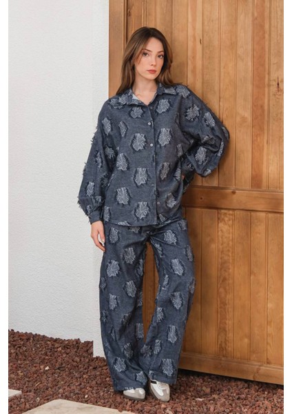 Kadın Desenli Gömlek Pant Takım Lacivert - 26K 6024