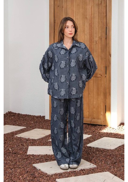 Kadın Desenli Gömlek Pant Takım Lacivert - 26K 6024 modelleri