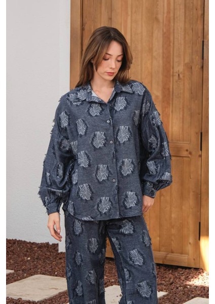 Kadın Desenli Gömlek Pant Takım Lacivert - 26K 6024 fırsatları