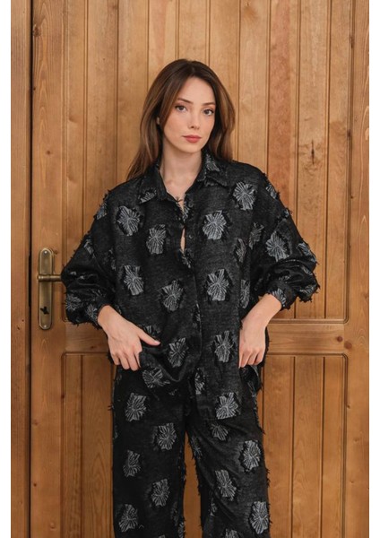 Kadın Desenli Gömlek Pant Takım Siyah - 26K 6024 modelleri