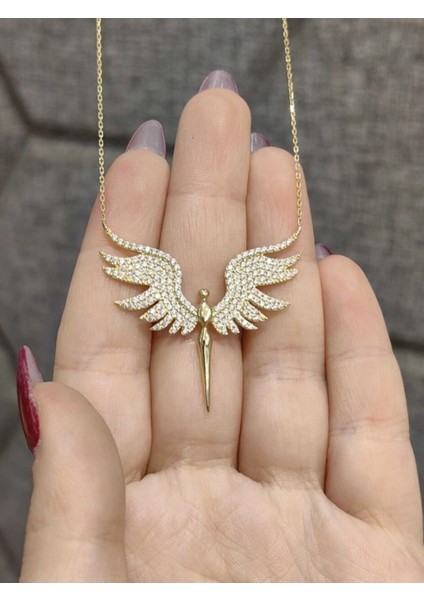 Mikail Meleği Figürlü Taşlı Gold Renk Çelik Kolye modelleri