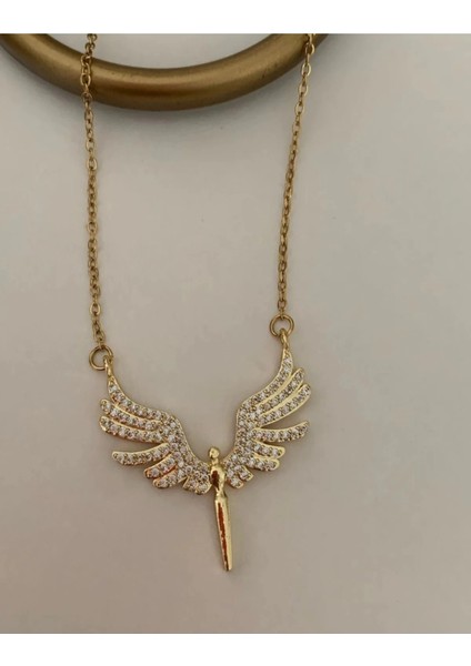 Mikail Meleği Figürlü Taşlı Gold Renk Çelik Kolye fırsatları