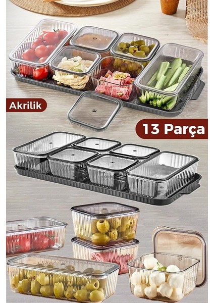 6 Bölmeli 13 Parçalı Füme Kahvaltı ve Saklama Kabı Seti, Tepsili, Vakum Kapaklı