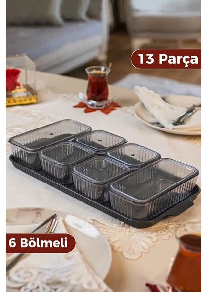 6 Bölmeli 13 Parçalı Füme Kahvaltı ve Saklama Kabı Seti, Tepsili, Vakum Kapaklı fiyatları