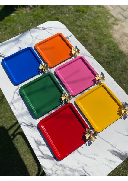 Renkli 6’lı Kare Kelebek Aksesuarlı Paslanmaz Çelik Servis Tepsisi modelleri