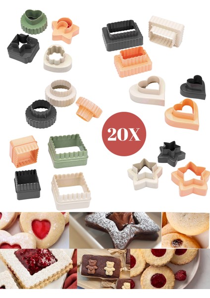 20'li Çok Renkli Geometrik Desenli Kurabiye Kalıbı, Çift Taraflı Kalp, Yıldız, Kare, Daire