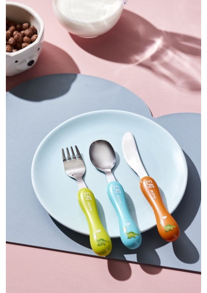 Gri Dinozor Çocuk Çatal Kaşık Bıçak Seti, 3 Parça, Eğlenceli ve Kullanışlı.