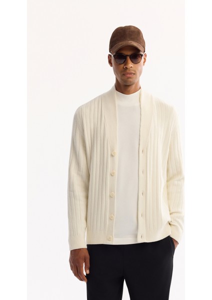 Erkek Ekru Şal Yaka Düğmeli Soft Touch Çizgili Regular Fit Hırka A52Y5042