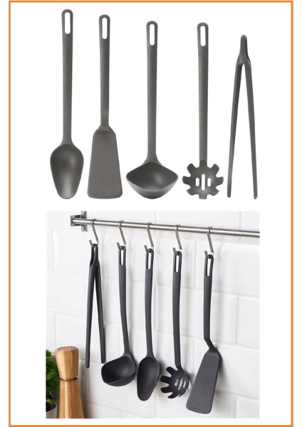 Gri 5 Parça Kaşık ve Kepçe Seti, Şık ve Kullanışlı Mutfak Gereçleri