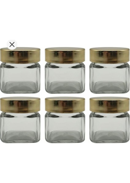 40 cc Kare Plastik Kapak Derin Cam Kavanoz – 6’lı Set | Gold Plastik Kapaklı Mini Kavanozlar – Baharat, Bal, Reçel Sunumluk