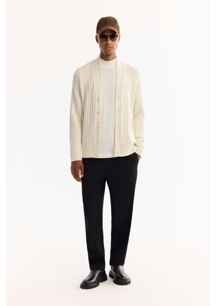 Erkek Ekru Şal Yaka Düğmeli Soft Touch Çizgili Regular Fit Hırka A52Y5042