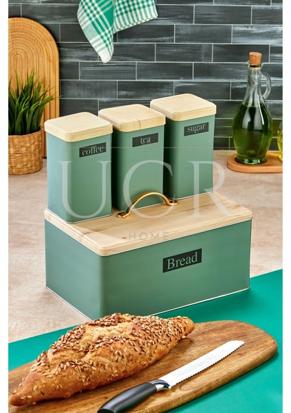 Yeşil Retro Metal Ekmeklik ve Kavanoz Seti, Şık ve Dayanıklı Tasarım