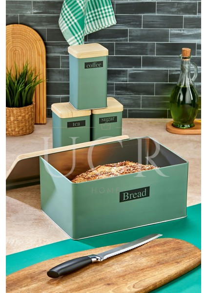 Yeşil Retro Metal Ekmeklik ve Kavanoz Seti, Şık ve Dayanıklı Tasarım