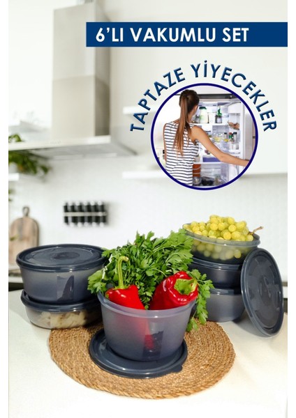 6'lı Gri Vakumlu Saklama Kabı Seti, Mikrodalga Uyumlu, Pratik ve Şık Tasarım