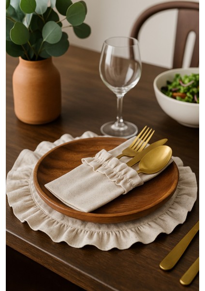 6’lı Fırfırlı Ham Keten Kaşıklık ve Peçetelik Seti, Bej Renk fiyatları