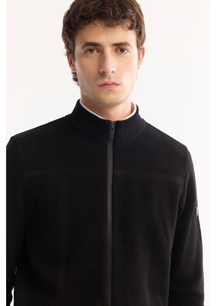 Erkek Siyah Dik Yaka Fermuarlı Yün Karışımlı Dokulu Regular Fit Hırka A52Y5044 modelleri