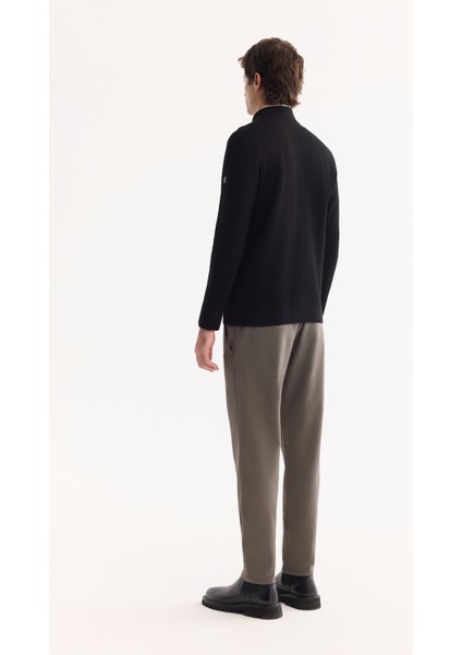 Erkek Siyah Dik Yaka Fermuarlı Yün Karışımlı Dokulu Regular Fit Hırka A52Y5044