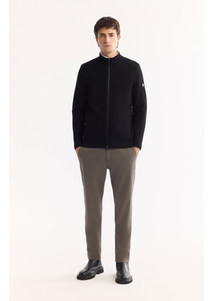 Erkek Siyah Dik Yaka Fermuarlı Yün Karışımlı Dokulu Regular Fit Hırka A52Y5044